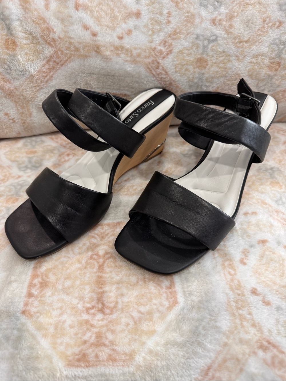 Franco Sarto Black Leather Strappy Wedge Sandals
